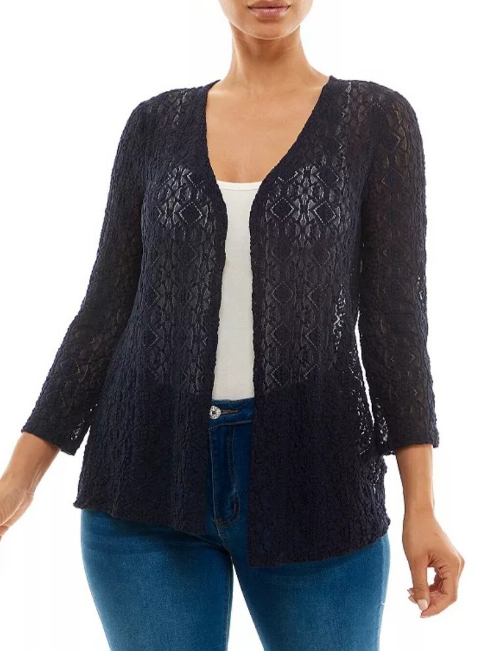 Black Lace Shrug Open-Front Cardigan 3/4 Sleeve Women's